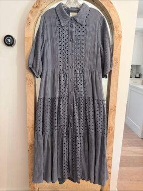 SALT / Roolee Women’s Blue-Gray Eyelet Tiered lined maxi Dress -cute cottagecore